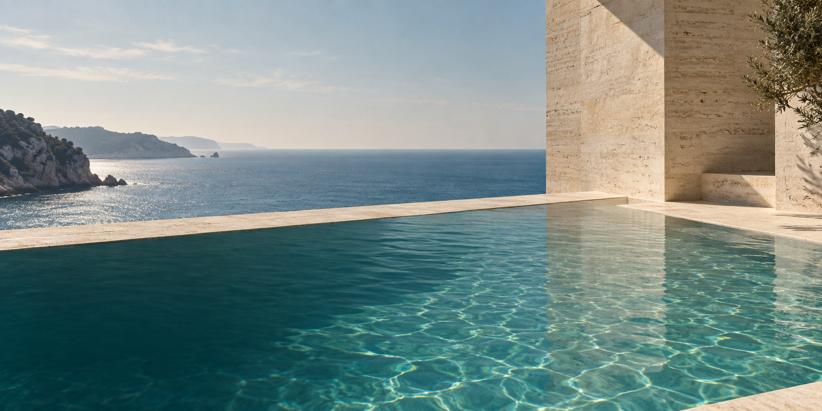 Sunlit pool and sea horizon