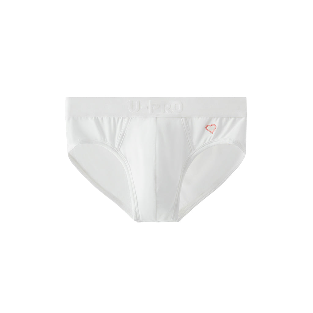 UPRO men's Heart Embroidery Brief – White Pink Heart - front product on white background