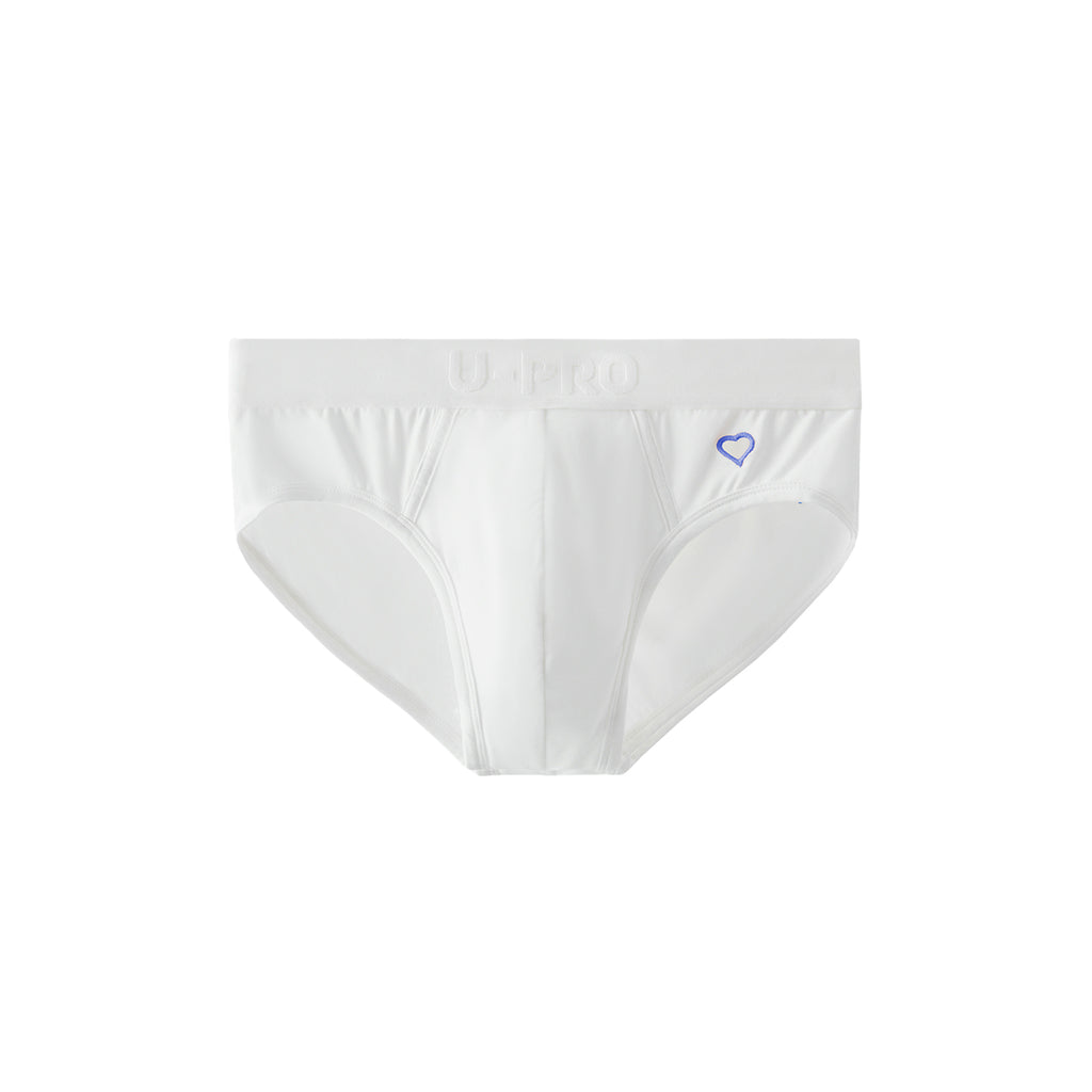 UPRO men's Heart Embroidery Brief – White Blue Heart - front product on white background