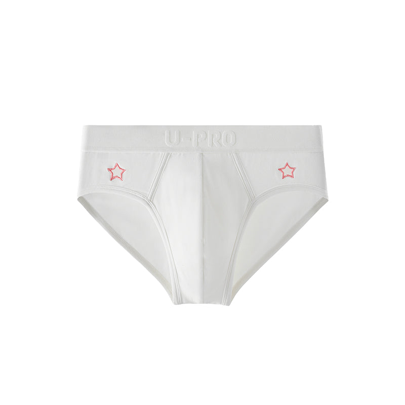 UPRO men's Embroidered Star Cut-Out Brief – White Pink Star - front product on white background