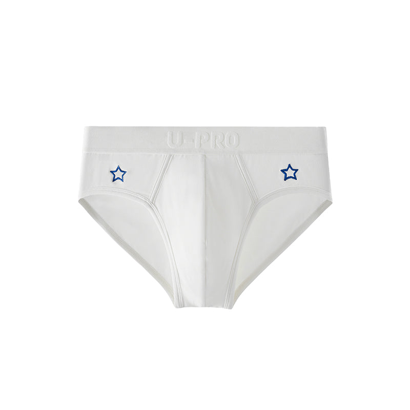 UPRO men's Embroidered Star Cut-Out Brief – White Blue Star - front product on white background