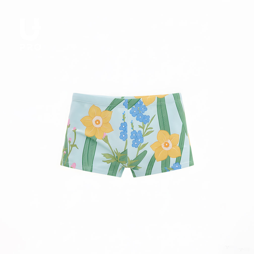 UPRO men's Narcissus Print Swim Trunks – Green Floral - front product on white background
