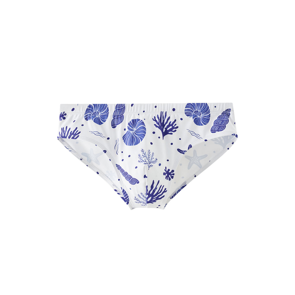 UPRO men's Shell Print Swim Brief – White Blue Shell - front product on white background