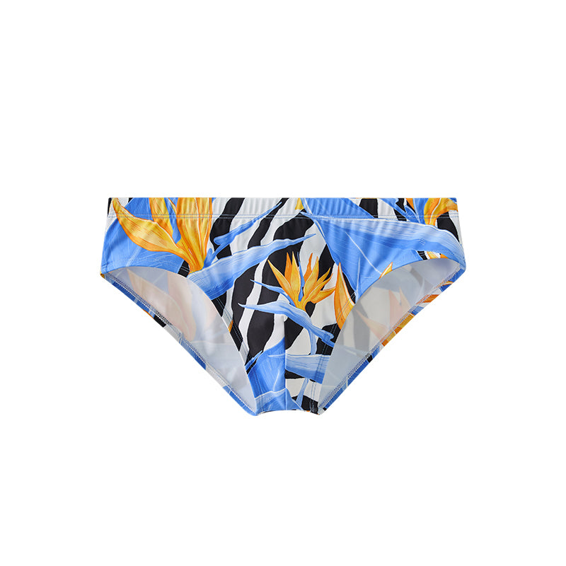 UPRO men's Bird of Paradise Print Swim Brief – Blue Orange Botanical - front product on white background