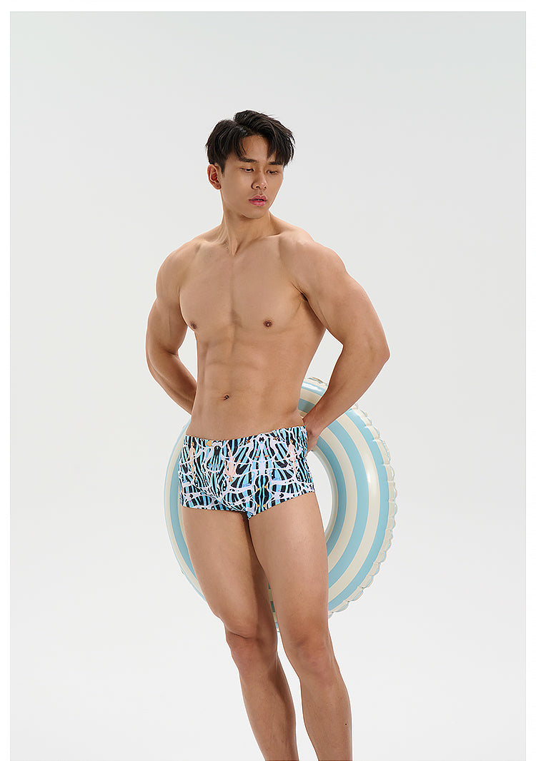 UPRO men's Blue Abstract Print Square-Cut Swim Trunks – Blue Print – studio model view, photo 2 of 3
