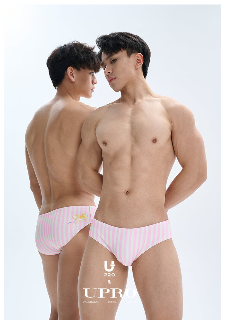 UPRO Slip de bain homme rayé rose motif citron – détail de la coupe en studio, photo 2 sur 2