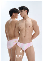 UPRO Slip de bain homme rayé rose motif citron – détail de la coupe en studio, photo 2 sur 2