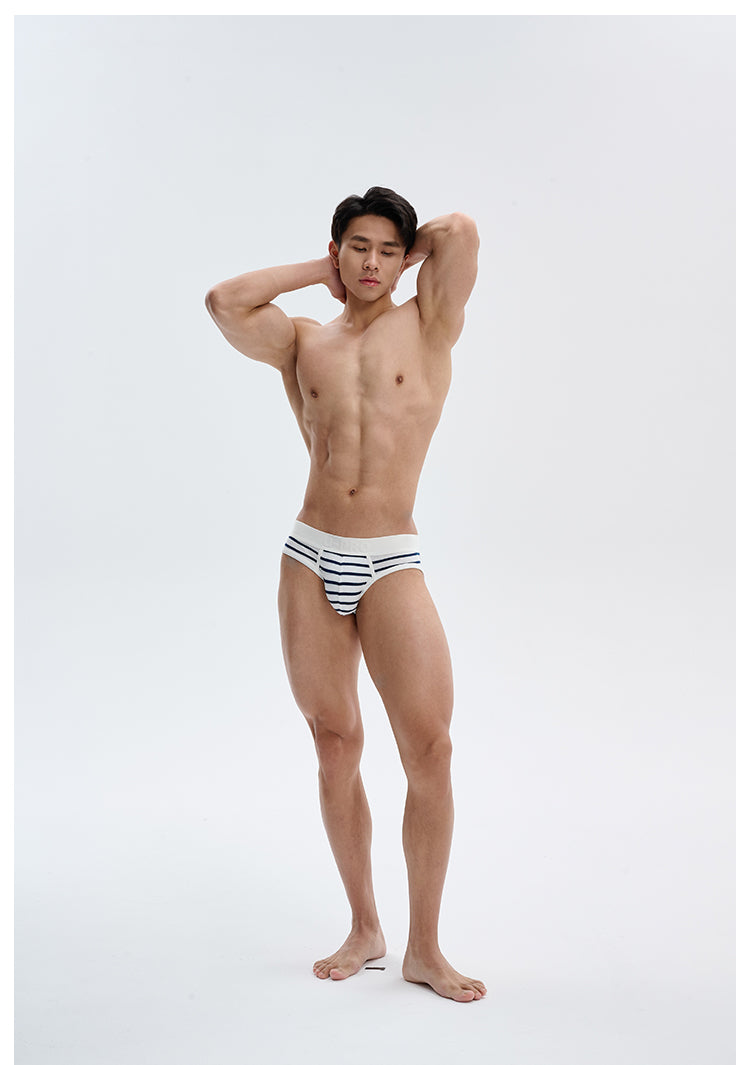UPRO men's Navy Striped Brief – Navy White Stripe – studio model view, photo 1 of 3