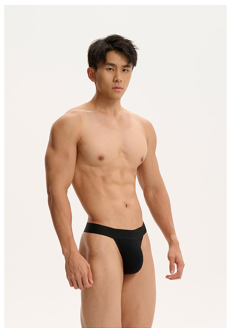 UPRO men's Single-Strap Jockstrap – Black – studio fit detail, photo 1 of 2