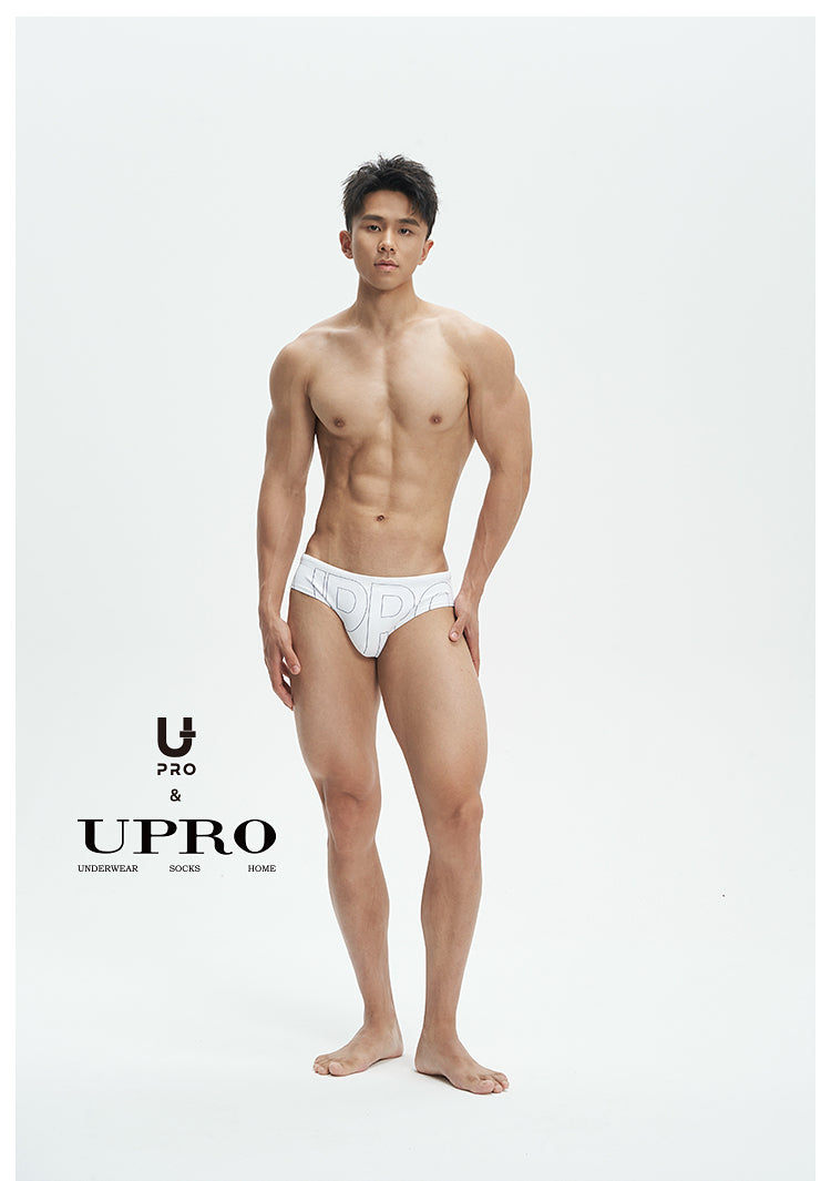 UPRO men's White Logo Print Swim Brief – White – studio model view, photo 2 of 3