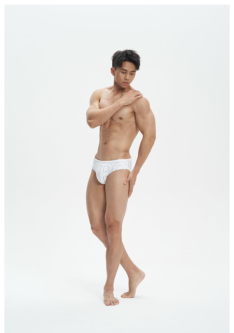 UPRO men's White Logo Print Swim Brief – White – studio model view, photo 1 of 3