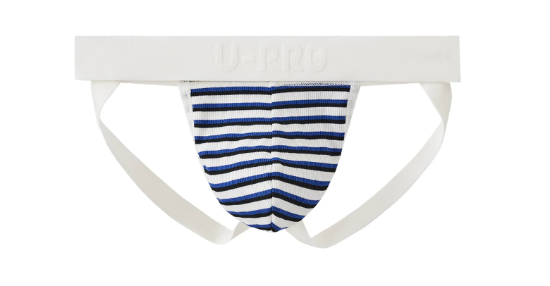 UPRO men's Striped Double-Strap Jockstrap – Blue White Stripe - front product on white background