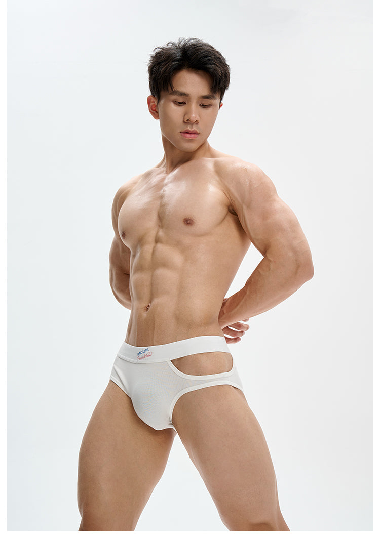 UPRO men's Open-Hole Embroidered Brief – White – studio model view, photo 3 of 3