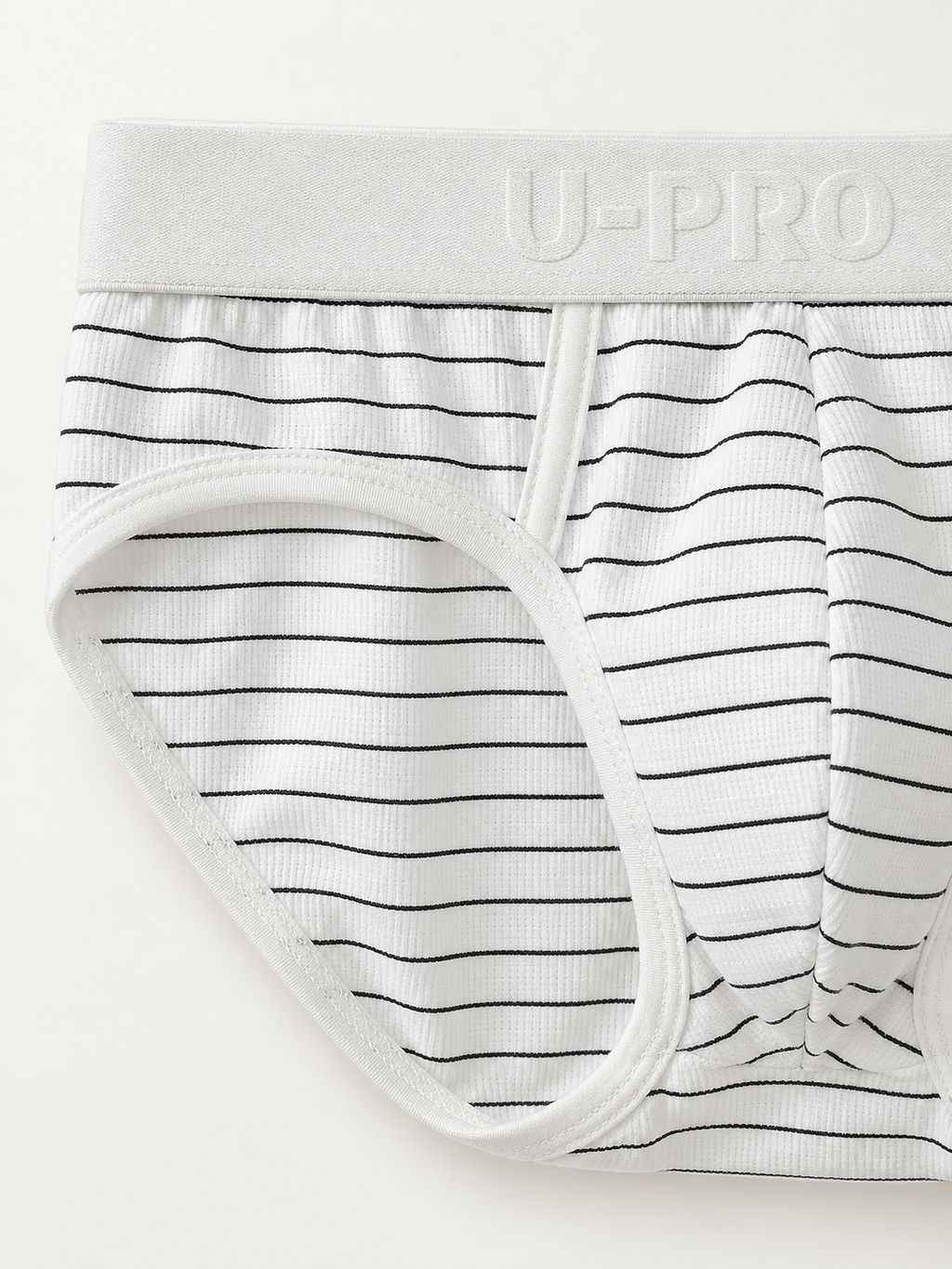 UPRO men's Cool-Touch Striped Brief – White – waistband and fine stripe detail
