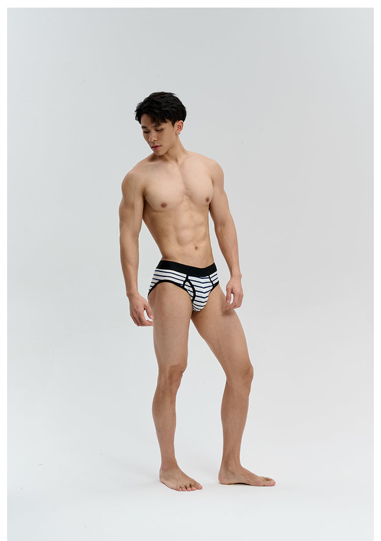 UPRO men's Black & White Striped Brief – Black White Stripe – studio model view, photo 1 of 3