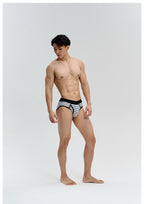 UPRO men's Black & White Striped Brief – Black White Stripe – studio model view, photo 1 of 3