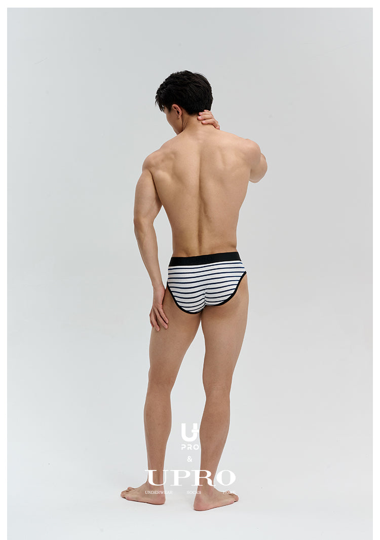 UPRO men's Black & White Striped Brief – Black White Stripe – studio model view, photo 2 of 3