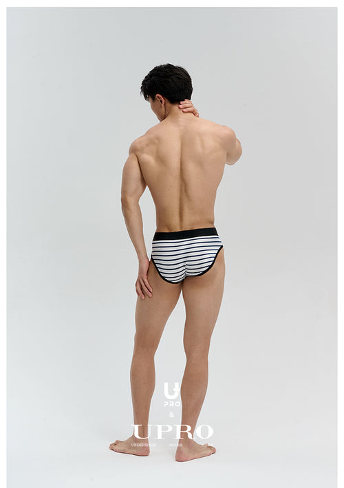 UPRO men's Black & White Striped Brief – Black White Stripe – studio model view, photo 2 of 3