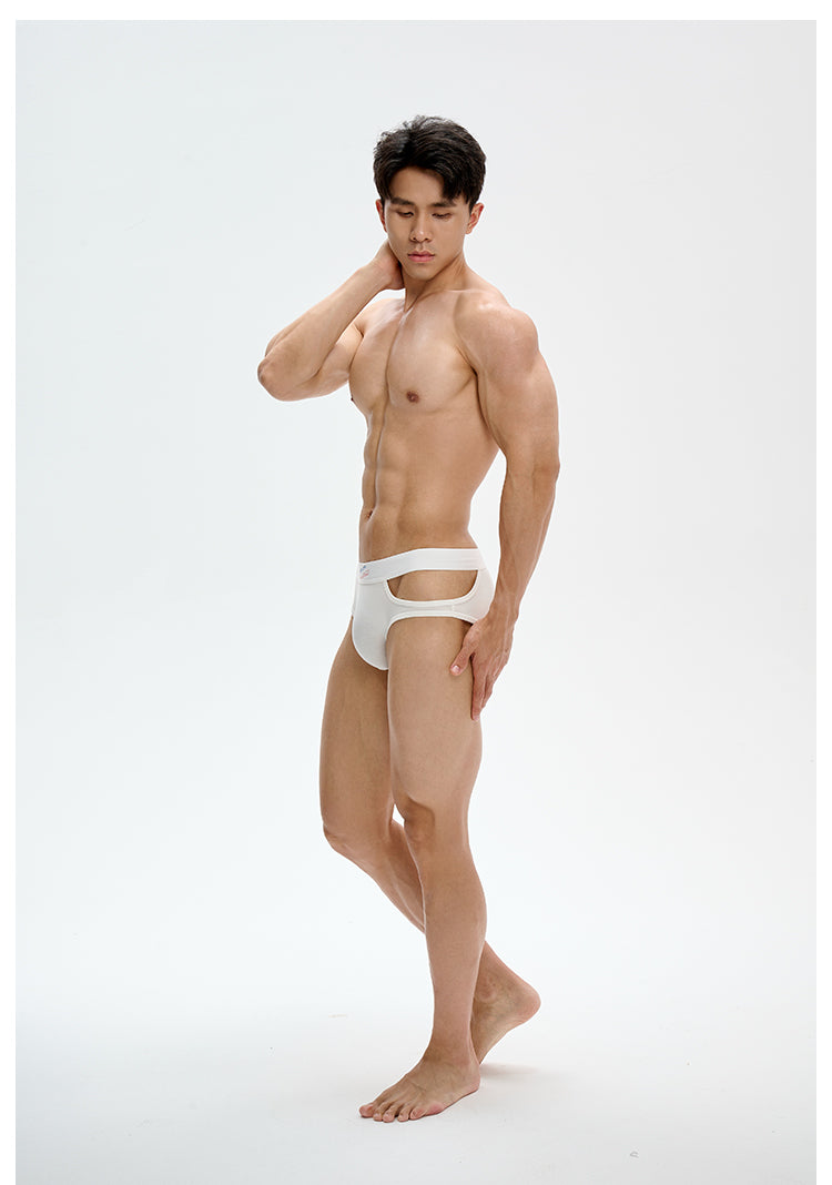 UPRO men's Open-Hole Embroidered Brief – White – studio model view, photo 1 of 3