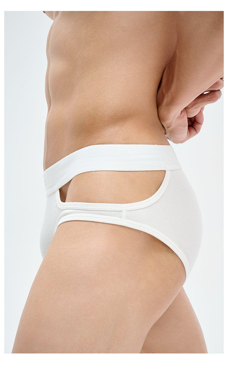 UPRO men's Open-Hole Embroidered Brief – White – studio fit detail, photo 2 of 2