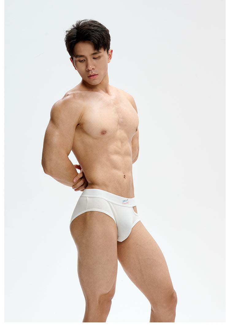 UPRO men's Open-Hole Embroidered Brief – White – studio model view, photo 2 of 3