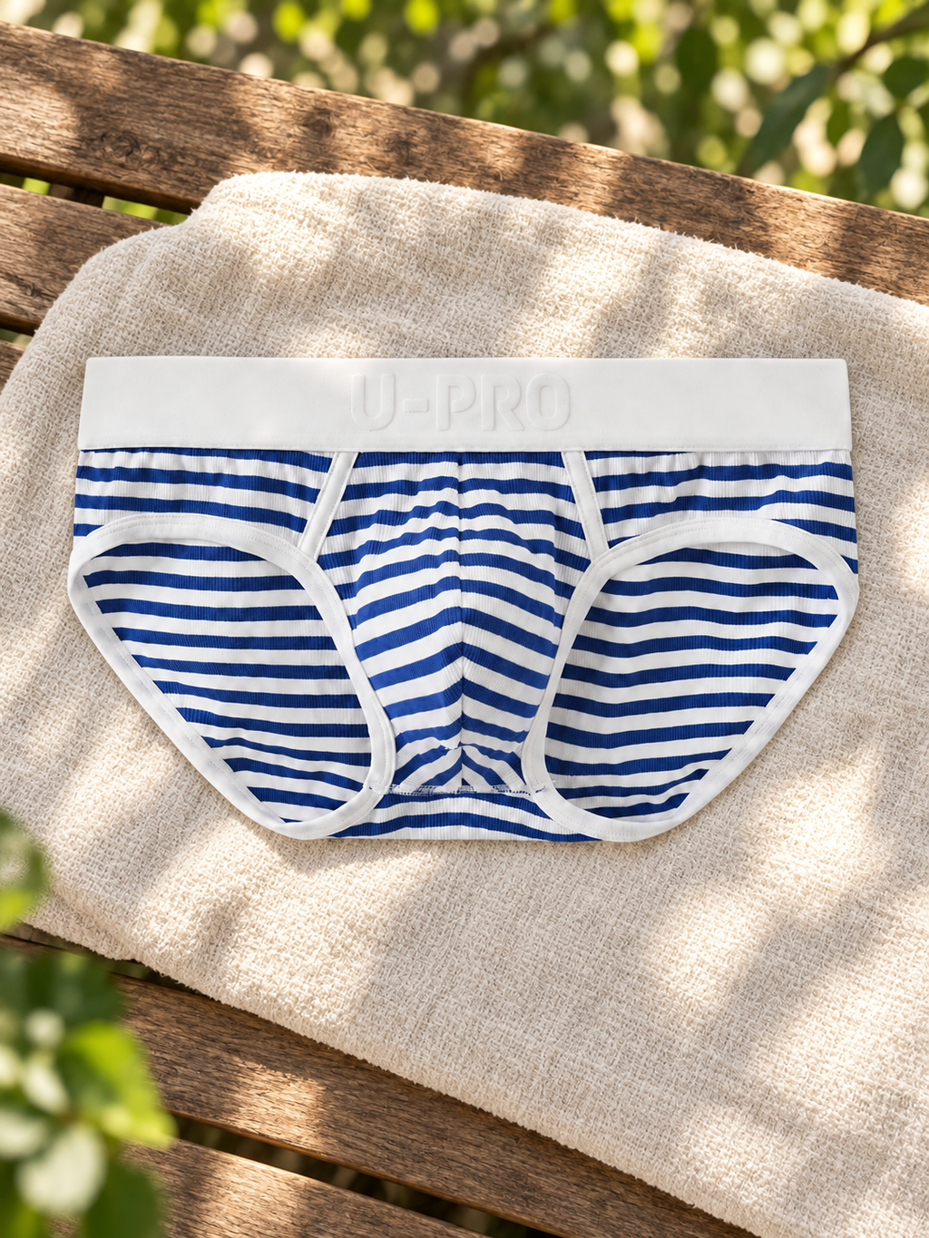 UPRO men's Blue & White Striped Ribbed Brief – Blue White Stripe – outdoor product still life