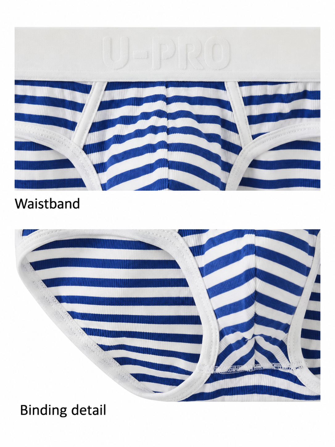 UPRO men's Blue & White Striped Ribbed Brief – Blue White Stripe – waistband and binding detail