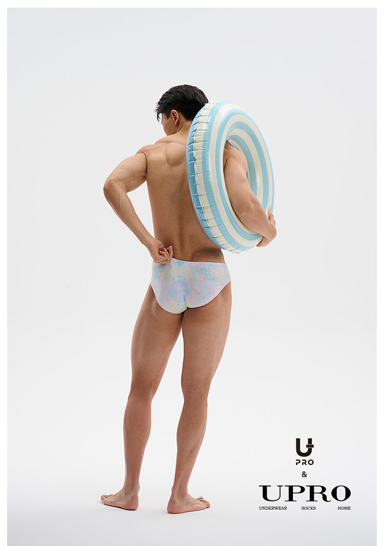 UPRO men's Jellyfish Print Swim Brief – Pastel Jellyfish – studio model view, photo 3 of 3
