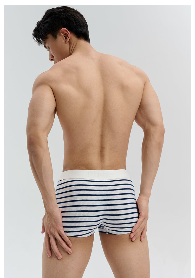 UPRO men's Striped Boxer Brief – Navy White Stripe – studio fit detail, photo 1 of 2