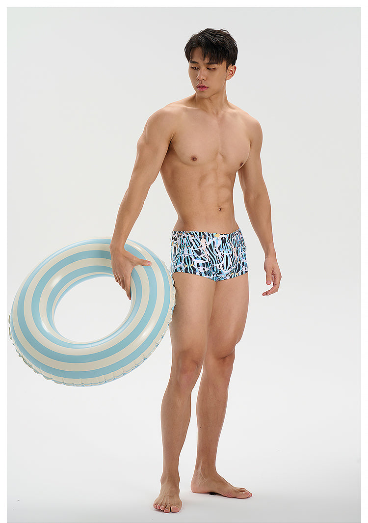 UPRO men's Abstract Print Swim Trunks – Blue Print – studio model view, photo 1 of 3
