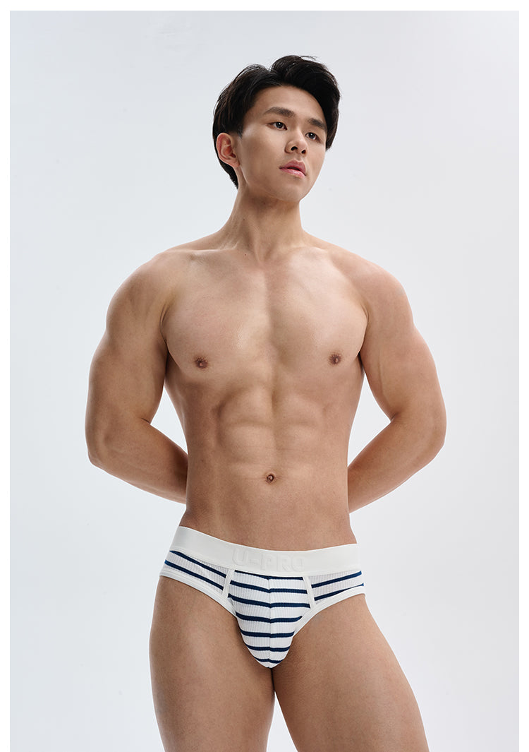 UPRO men's Navy Striped Brief – Navy White Stripe – studio fit detail, photo 1 of 2