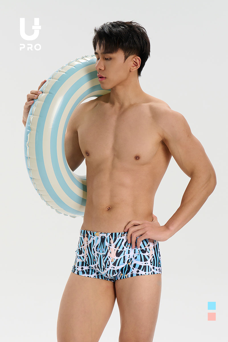 UPRO men's Abstract Print Swim Trunks – Blue Print – studio fit detail