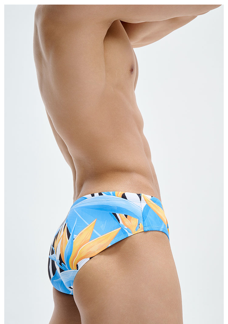 UPRO men's Bird of Paradise Print Swim Brief – Blue Orange Botanical – side and back view showing the blue and orange botanical pattern