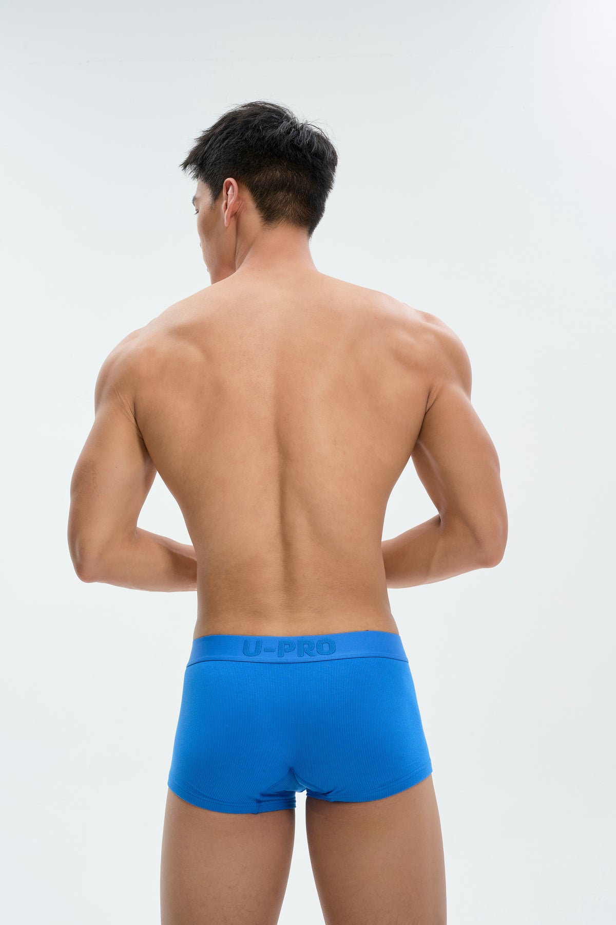 UPRO men's Ribbed Boxer Brief – Klein Blue – studio fit detail, photo 2 of 2