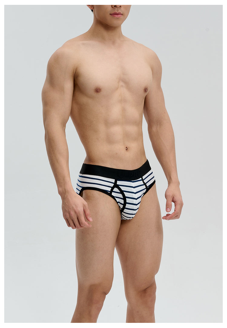 UPRO men's Black & White Striped Brief – Black White Stripe – studio fit detail, photo 2 of 2