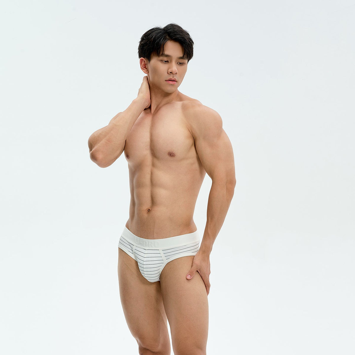 UPRO men's Cool-Touch Striped Brief – White – original studio model view