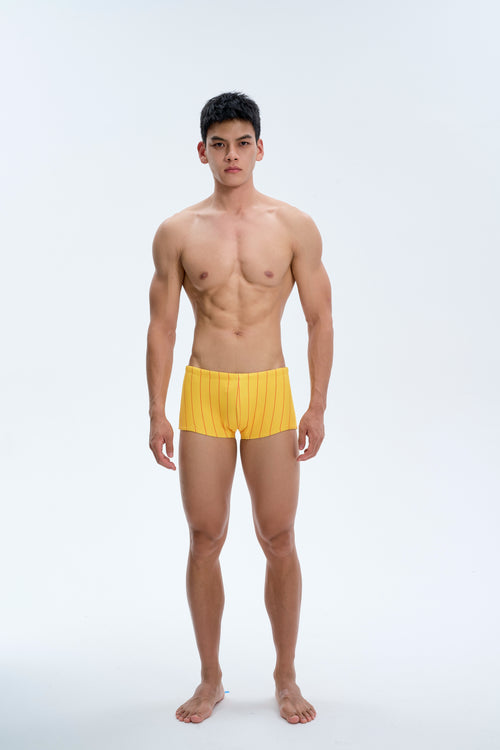 UPRO men's American Stripe Square-Cut Swim Trunks – Yellow Stripe – studio model view, photo 1 of 3