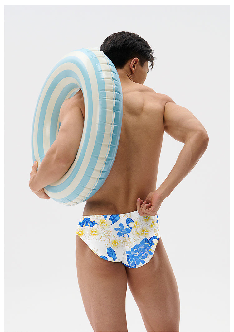 UPRO men's Frangipani Swim Brief – Blue Yellow Floral – studio fit detail, photo 2 of 2