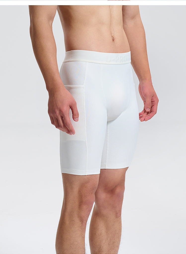 UPRO men's High-Elastic Training Shorts – White – studio fit detail, photo 1 of 2