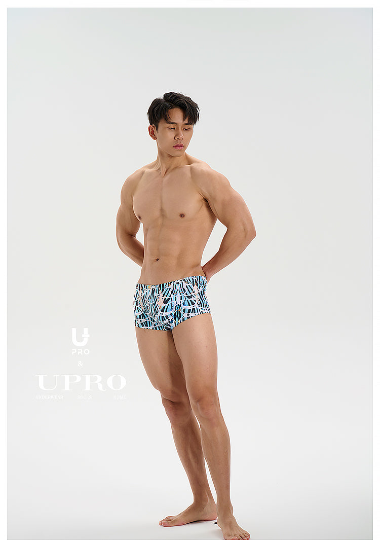 UPRO men's Blue Abstract Print Square-Cut Swim Trunks – Blue Print – studio model view, photo 3 of 3