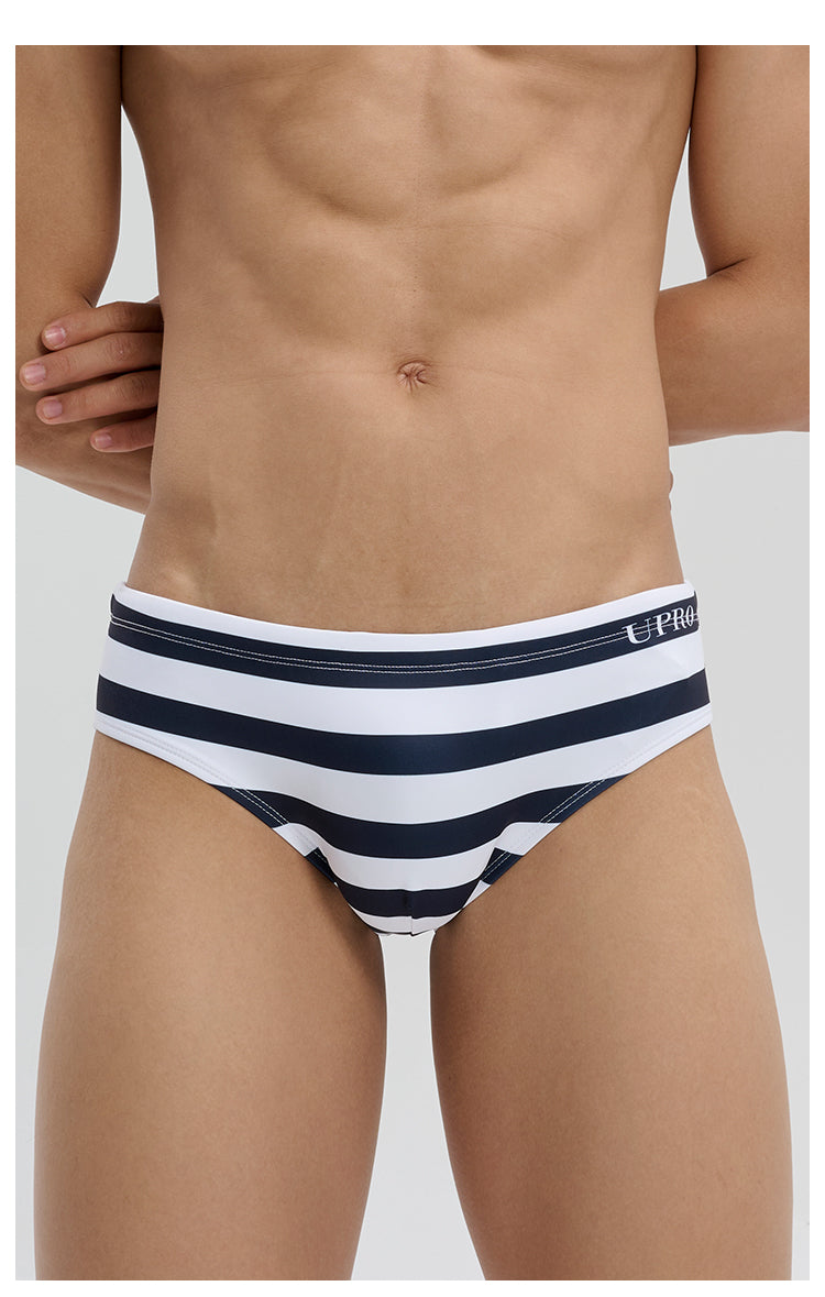 UPRO men's Sailor Stripe Swim Brief – Black White Stripe – front close-up of waistband and leg openings