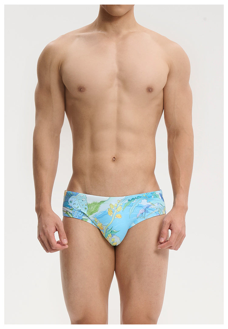 UPRO men's Blue Botanical Swim Brief – Blue Botanical – front fit detail