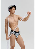 UPRO men's Black & White Striped Brief – Black White Stripe – studio fit detail, photo 1 of 2