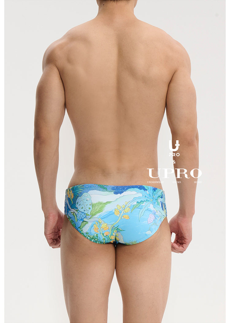 UPRO men's Blue Botanical Swim Brief – Blue Botanical – back fit view