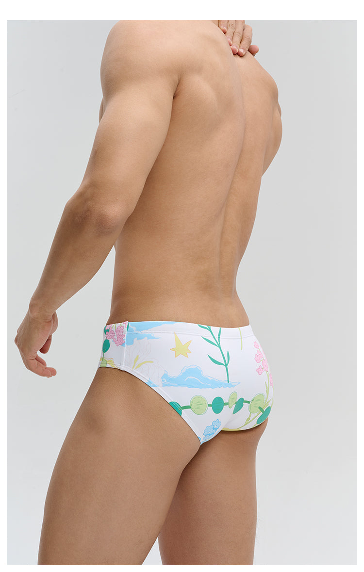 UPRO men's Stephania Plant Print Swim Brief – White Green Botanical – studio fit detail, photo 1 of 2