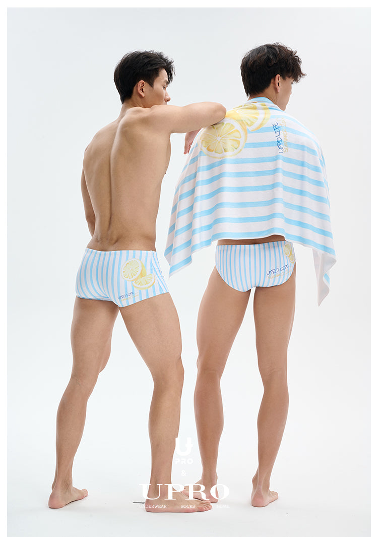 UPRO men's Blue Stripe Lemon Swim Brief – Blue White Stripe – studio model view, photo 2 of 3