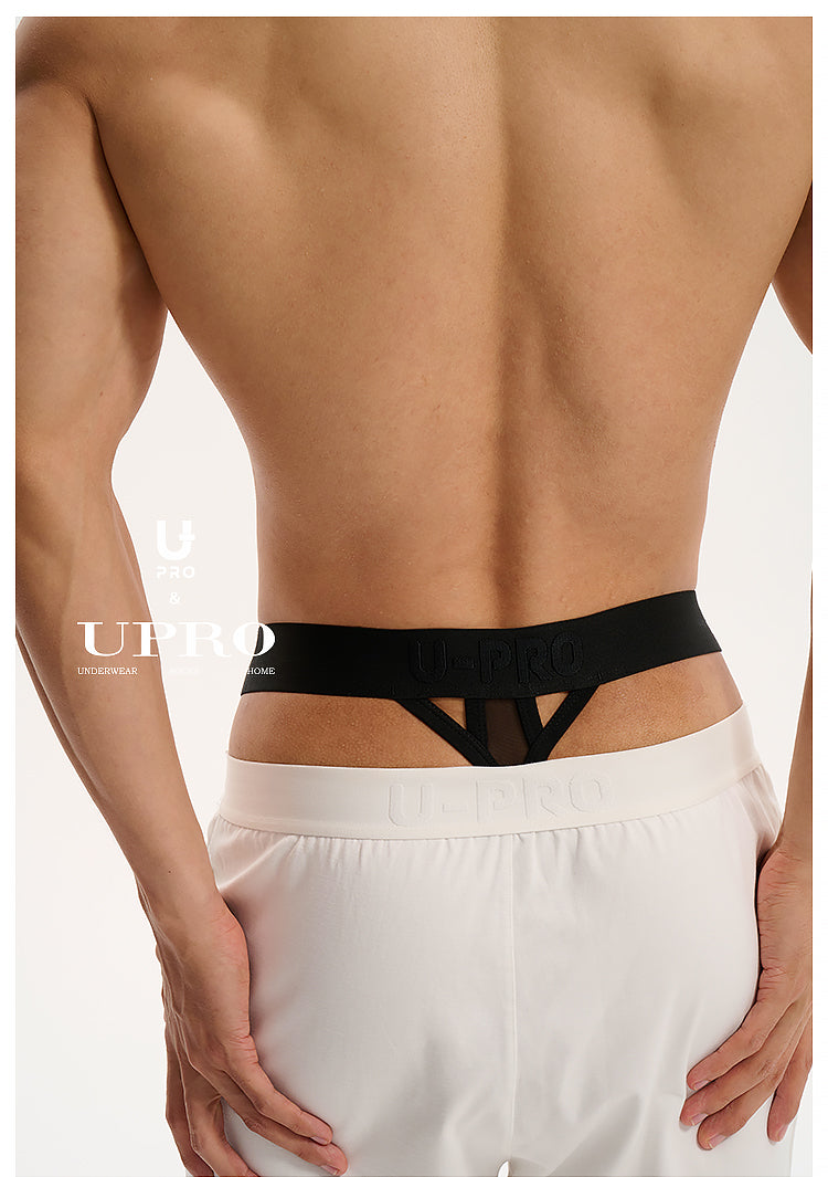 UPRO men's Single-Strap Jockstrap – Black – studio fit detail, photo 2 of 2