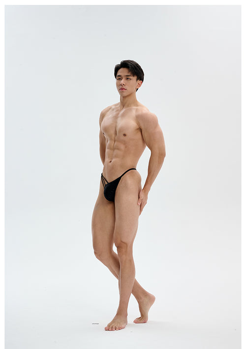 UPRO men's Asymmetric Strap Brief – Black – studio model view, photo 2 of 3