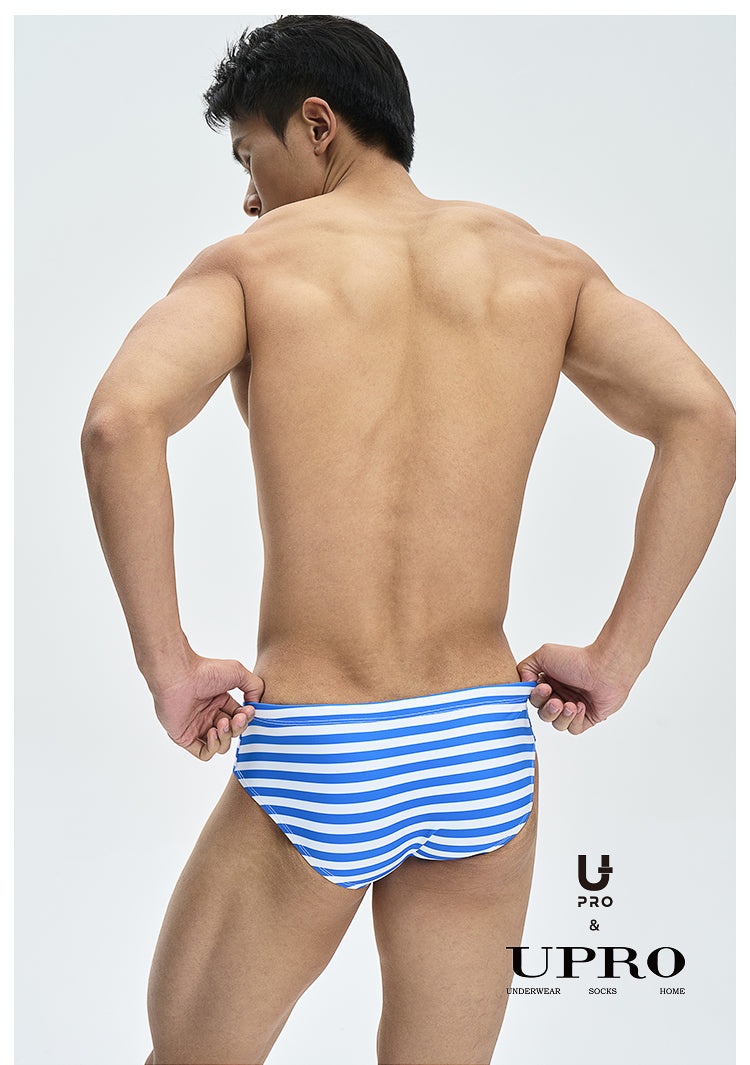 UPRO men's Striped Drawstring Swim Brief – Blue White Stripe – studio fit detail, photo 2 of 2